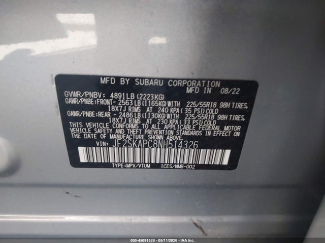 45091528 :رقم المزاد ، JF2SKAPC8NH514326 vin ، 2022 Subaru Forester Limited مزاد بيع