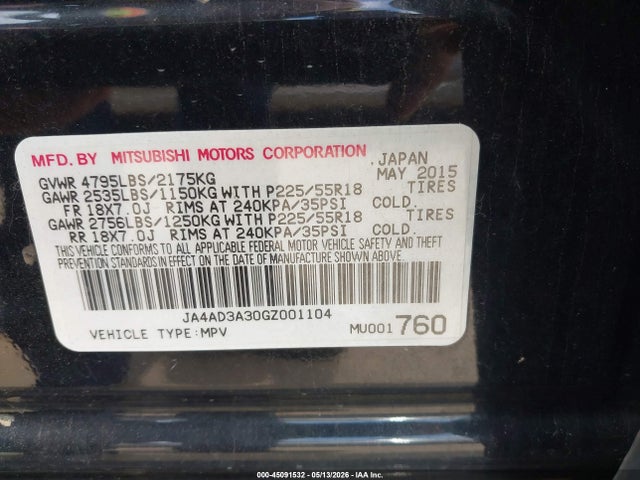 Aukcja sprzedaży 2016 Mitsubishi Outlander Se, vin: JA4AD3A30GZ001104, numer aukcji: 45091532
