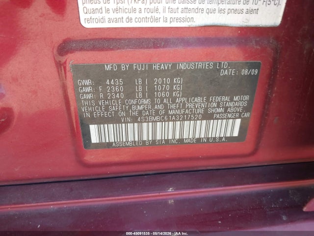 45091535 :رقم المزاد ، 4S3BMBC61A3217520 vin ، 2010 Subaru Legacy 2.5i Premium مزاد بيع