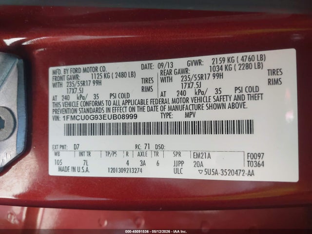 Продажа на аукционе авто 2014 Ford Escape Se, vin: 1FMCU0G93EUB08999, номер лота: 45091536