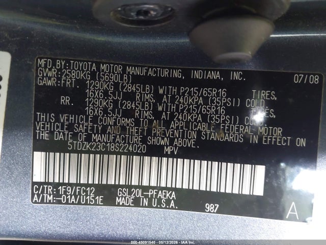 2008 Toyota Sienna Le მანქანა იყიდება აუქციონზე, vin: 5TDZK23C18S224020, აუქციონის ნომერი: 45091540