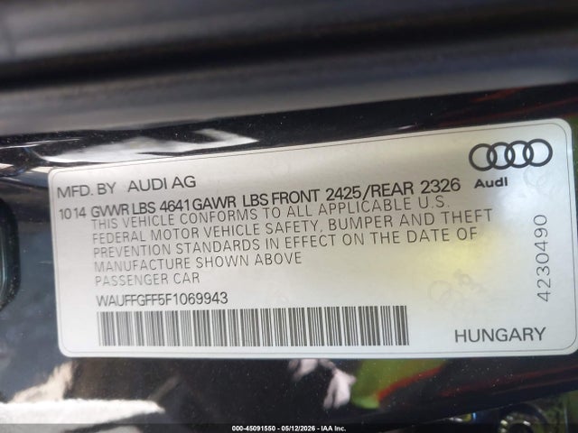 2015 Audi S3 2.0t Premium Plus მანქანა იყიდება აუქციონზე, vin: WAUFFGFF5F1069943, აუქციონის ნომერი: 45091550