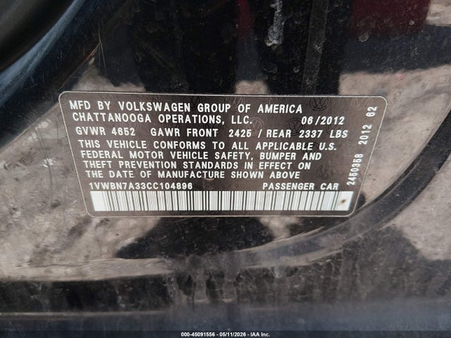 2012 Volkswagen Passat 2.0l Tdi Se მანქანა იყიდება აუქციონზე, vin: 1VWBN7A33CC104896, აუქციონის ნომერი: 45091556
