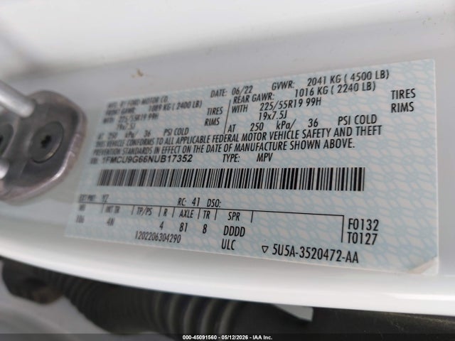 Aukcja sprzedaży 2022 Ford Escape Se, vin: 1FMCU9G66NUB17352, numer aukcji: 45091560