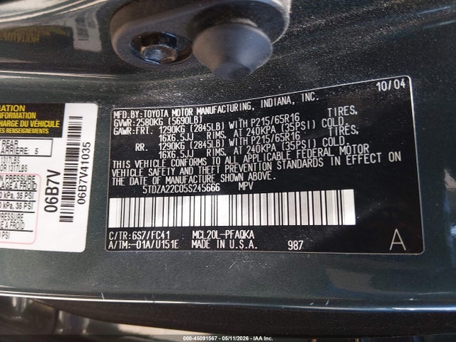 Aukcja sprzedaży 2005 Toyota Sienna Xle, vin: 5TDZA22C05S245666, numer aukcji: 45091567