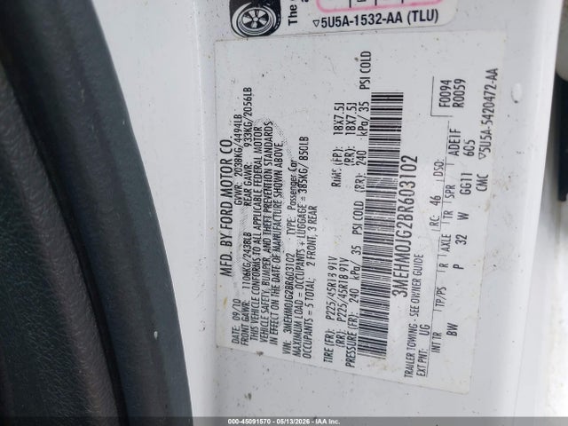 2011 Mercury Milan Premier მანქანა იყიდება აუქციონზე, vin: 3MEHM0JG2BR603102, აუქციონის ნომერი: 45091570