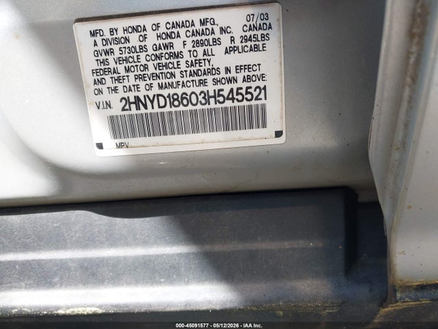 2003 Acura Mdx მანქანა იყიდება აუქციონზე, vin: 2HNYD18603H545521, აუქციონის ნომერი: 45091577