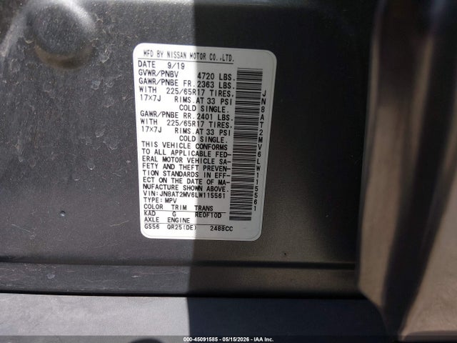 45091585 :رقم المزاد ، JN8AT2MV6LW115561 vin ، 2020 Nissan Rogue Sv Intelligent Awd مزاد بيع