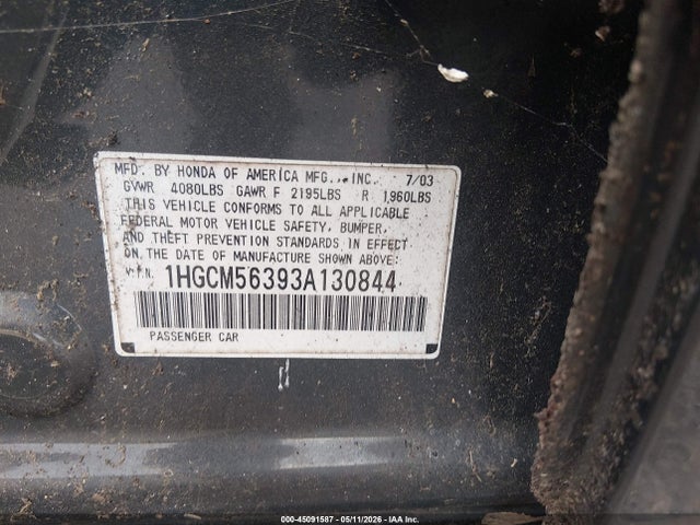 45091587 :رقم المزاد ، 1HGCM56393A130844 vin ، 2003 Honda Accord 2.4 Lx مزاد بيع