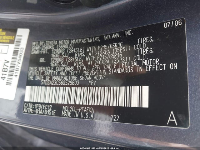 Aukcja sprzedaży 2006 Toyota Sienna Le, vin: 5TDZA23C56S529603, numer aukcji: 45091589