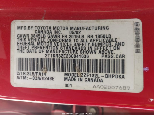 2003 Toyota Matrix Standard მანქანა იყიდება აუქციონზე, vin: 2T1KR32E23C041636, აუქციონის ნომერი: 45091593