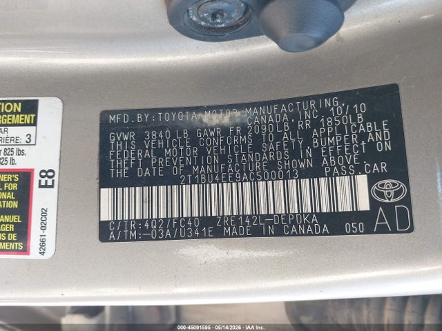 Aukcja sprzedaży 2010 Toyota Corolla Le, vin: 2T1BU4EE9AC500013, numer aukcji: 45091595