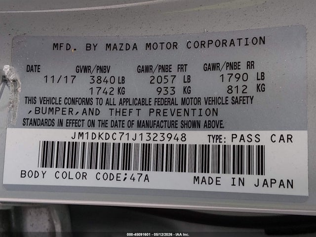 Aukcja sprzedaży 2018 Mazda Cx-3 Touring, vin: JM1DKDC71J1323948, numer aukcji: 45091601