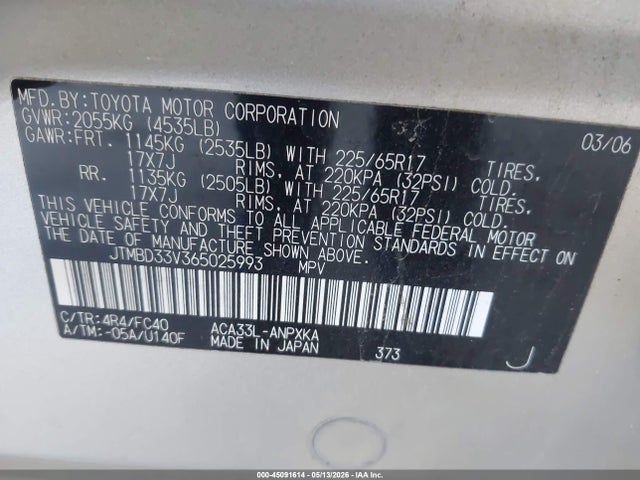 Aukcja sprzedaży 2006 Toyota Rav4, vin: JTMBD33V365025993, numer aukcji: 45091614