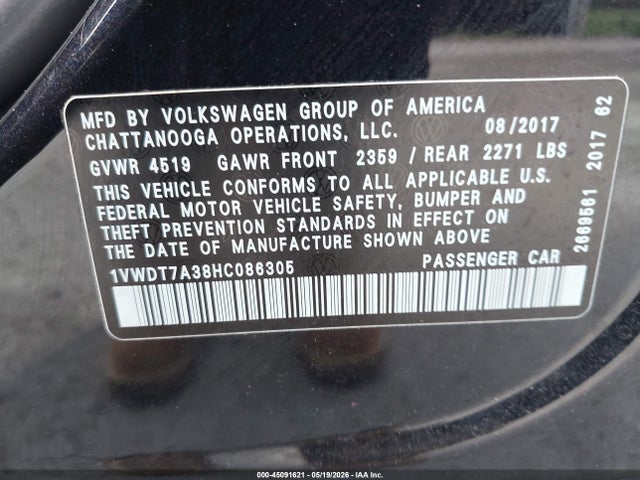 45091621 :رقم المزاد ، 1VWDT7A38HC086305 vin ، 2017 Volkswagen Passat 1.8t R-line مزاد بيع