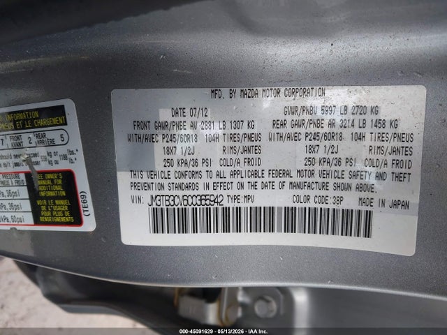Продажа на аукционе авто 2012 Mazda Cx-9 Touring, vin: JM3TB3CV6C0365942, номер лота: 45091629