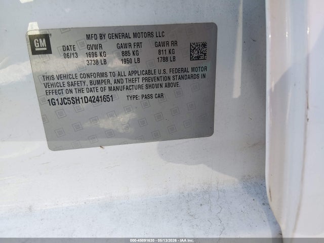 Aukcja sprzedaży 2013 Chevrolet Sonic Lt Auto, vin: 1G1JC5SH1D4241651, numer aukcji: 45091630