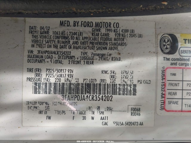 2012 Ford Fusion Sel მანქანა იყიდება აუქციონზე, vin: 3FAHP0JA4CR354202, აუქციონის ნომერი: 45091638