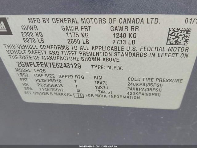 45091640 :رقم المزاد ، 2GNFLFEK7E6243129 vin ، 2014 Chevrolet Equinox 1lt مزاد بيع