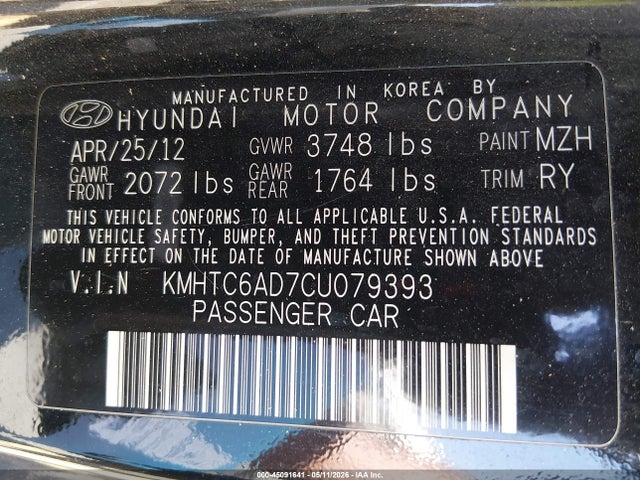 Aukcja sprzedaży 2012 Hyundai Veloster Base W/gray, vin: KMHTC6AD7CU079393, numer aukcji: 45091641