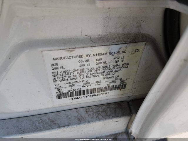 45091646 :رقم المزاد ، 1N4AL11D55N490101 vin ، 2005 Nissan Altima 2.5 S مزاد بيع