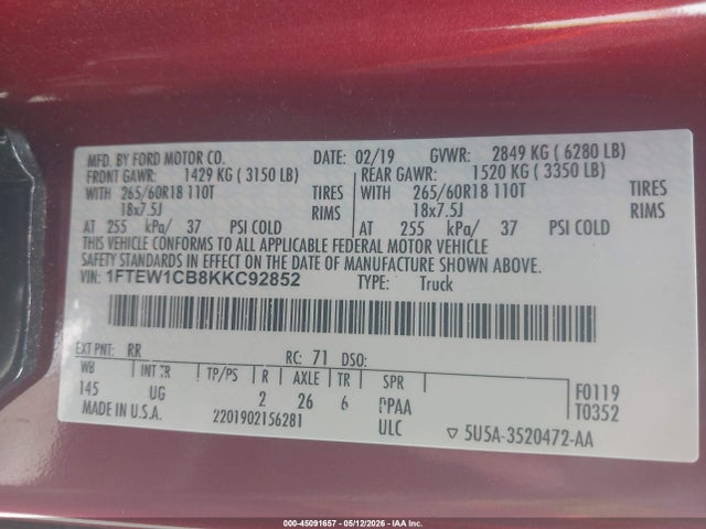 Продажа на аукционе авто 2019 Ford F-150 Xlt, vin: 1FTEW1CB8KKC92852, номер лота: 45091657