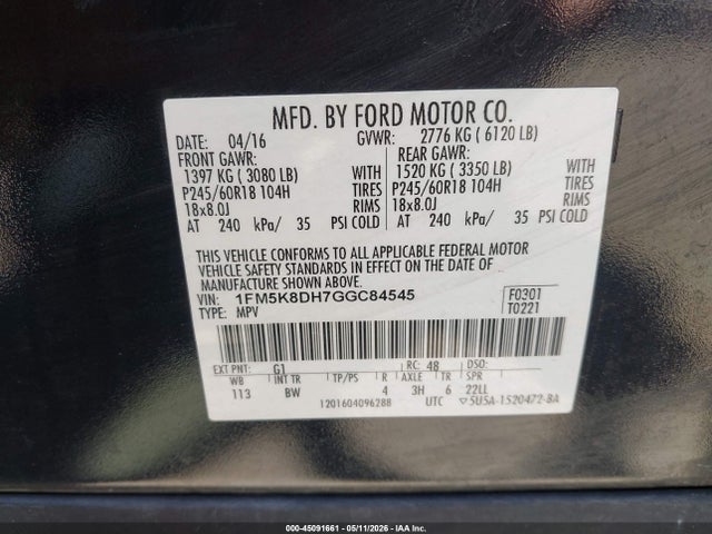45091661 :رقم المزاد ، 1FM5K8DH7GGC84545 vin ، 2016 Ford Explorer Xlt مزاد بيع