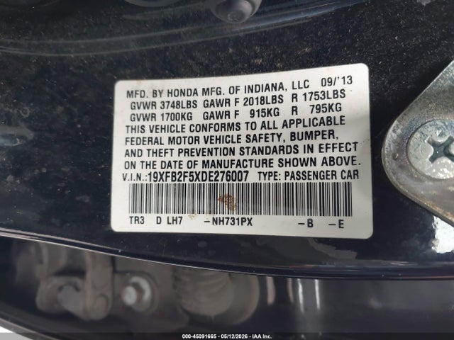 Aukcja sprzedaży 2013 Honda Civic Lx, vin: 19XFB2F5XDE276007, numer aukcji: 45091665