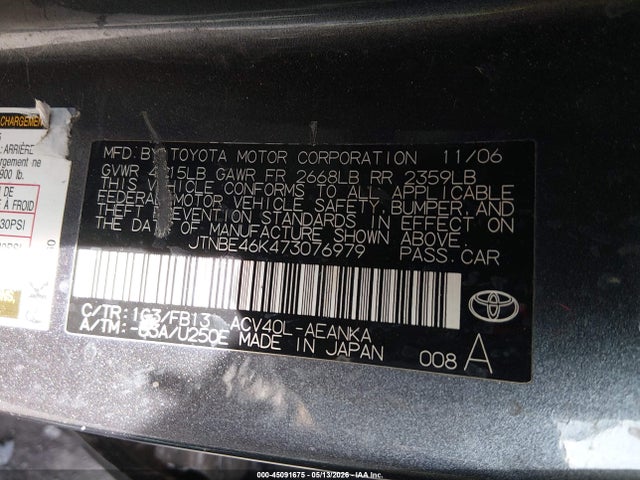 2007 Toyota Camry Le მანქანა იყიდება აუქციონზე, vin: JTNBE46K473076979, აუქციონის ნომერი: 45091675