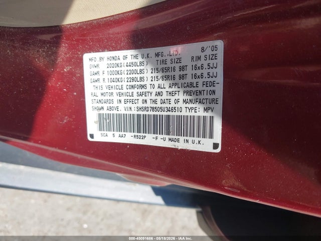 45091686 :رقم المزاد ، SHSRD78505U346510 vin ، 2005 Honda Cr-v Lx مزاد بيع