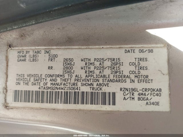 1998 Toyota Tacoma Prerunner მანქანა იყიდება აუქციონზე, vin: 4TASM92N4WZ150641, აუქციონის ნომერი: 45091695