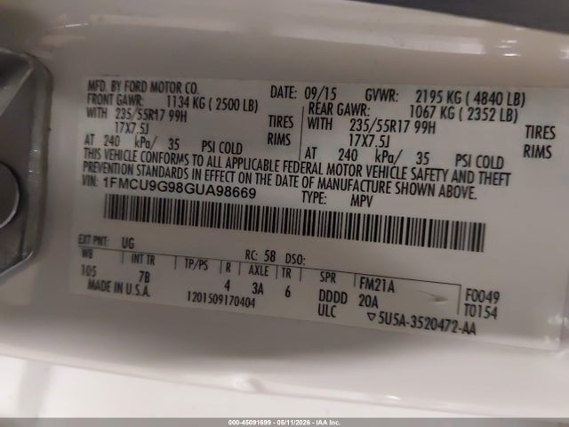 Продаж на аукціоні авто 2016 Ford Escape Se, vin: 1FMCU9G98GUA98669, номер лоту: 45091699