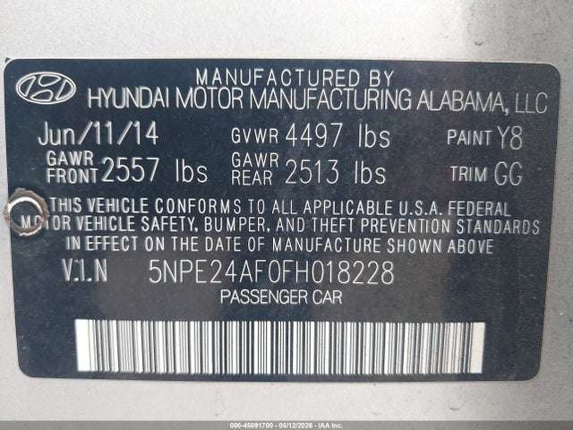 5NPE24AF0FH018228 Hyundai SONATA SE