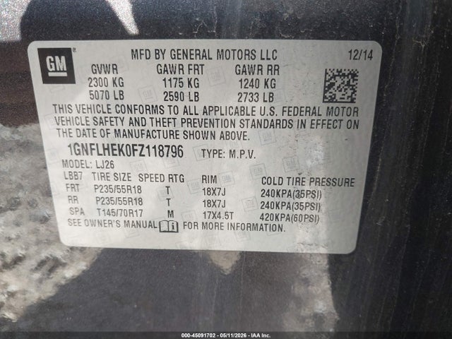 Aukcja sprzedaży 2015 Chevrolet Equinox Ltz, vin: 1GNFLHEK0FZ118796, numer aukcji: 45091702