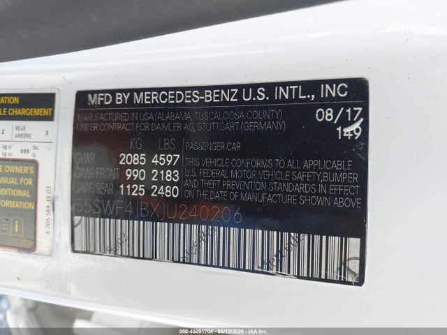 Aukcja sprzedaży 2018 Mercedes-benz C 300, vin: 55SWF4JBXJU240206, numer aukcji: 45091704