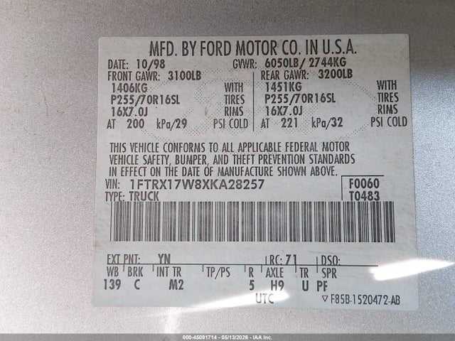 Продажа на аукционе авто 1999 Ford F-150 Lariat/work Series/xl/xlt, vin: 1FTRX17W8XKA28257, номер лота: 45091714