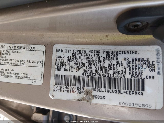 Продаж на аукціоні авто 2002 Toyota Camry Le, vin: 4T1BE32KX2U111639, номер лоту: 45091723