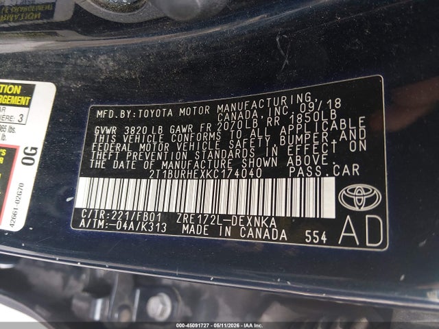 Aukcja sprzedaży 2019 Toyota Corolla Le, vin: 2T1BURHEXKC174040, numer aukcji: 45091727