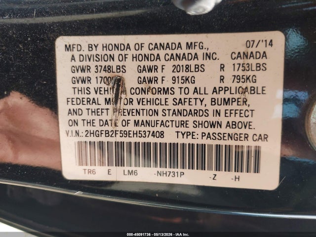 45091736 :رقم المزاد ، 2HGFB2F59EH537408 vin ، 2014 Honda Civic Lx مزاد بيع