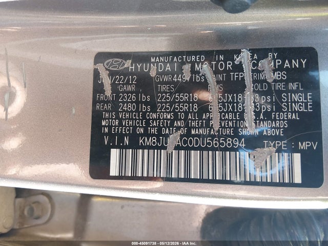 45091738 :رقم المزاد ، KM8JU3AC0DU565894 vin ، 2013 Hyundai Tucson Limited مزاد بيع