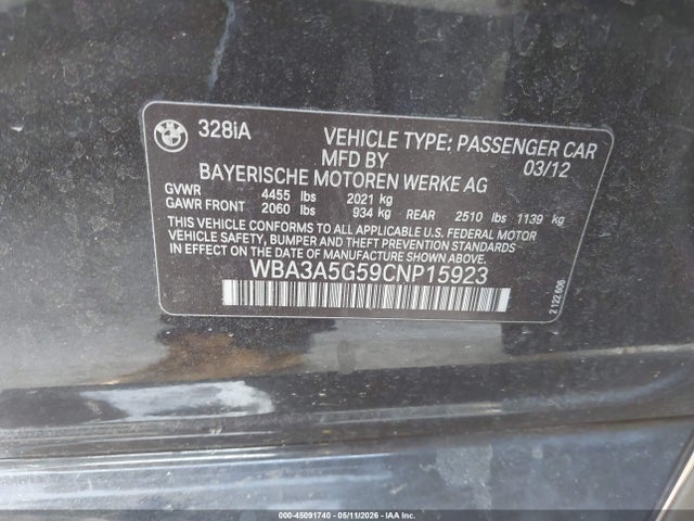 2012 Bmw 328i მანქანა იყიდება აუქციონზე, vin: WBA3A5G59CNP15923, აუქციონის ნომერი: 45091740