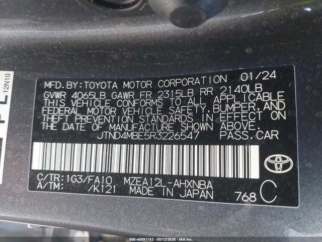 Aukcja sprzedaży 2024 Toyota Corolla Se, vin: JTND4MBE5R3226547, numer aukcji: 45091743