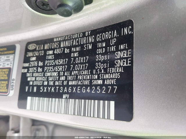45091744 :رقم المزاد ، 5XYKT3A6XEG425277 vin ، 2014 Kia Sorento Lx مزاد بيع