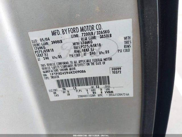 Продаж на аукціоні авто 2004 Ford F-150 Fx4/xlt, vin: 1FTPX04594KD09086, номер лоту: 45091746