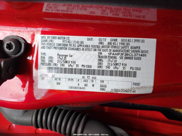 45091748 :رقم المزاد ، 1FAHP3F26CL371486 vin ، 2012 Ford Focus Se مزاد بيع
