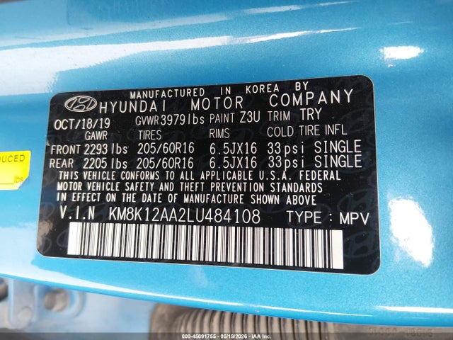 Aukcja sprzedaży 2020 Hyundai Kona Se, vin: KM8K12AA2LU484108, numer aukcji: 45091755