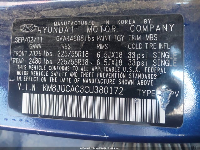 Aukcja sprzedaży 2012 Hyundai Tucson Limited, vin: KM8JUCAC3CU380172, numer aukcji: 45091764