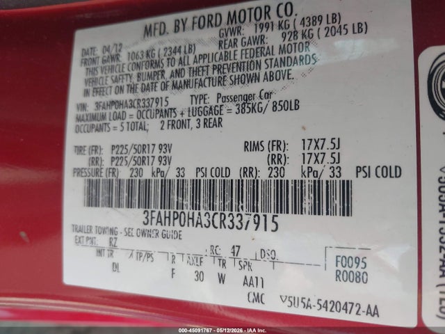 Продаж на аукціоні авто 2012 Ford Fusion Se, vin: 3FAHP0HA3CR337915, номер лоту: 45091767