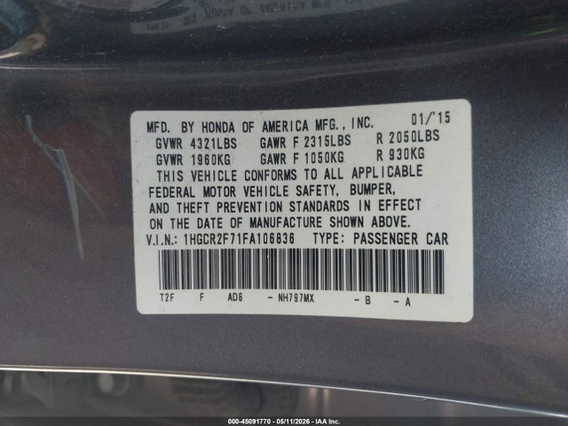 Aukcja sprzedaży 2015 Honda Accord Ex, vin: 1HGCR2F71FA106836, numer aukcji: 45091770