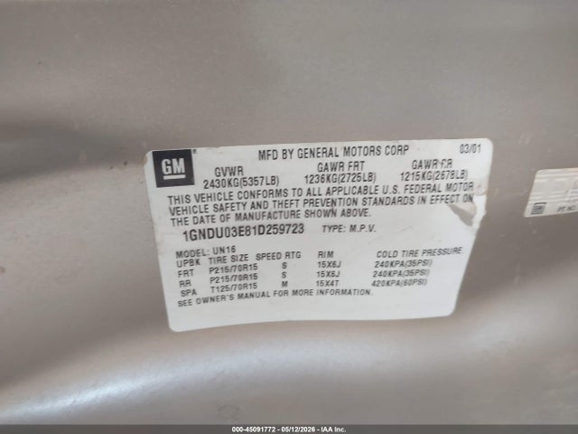 Aukcja sprzedaży 2001 Chevrolet Venture Plus, vin: 1GNDU03E81D259723, numer aukcji: 45091772